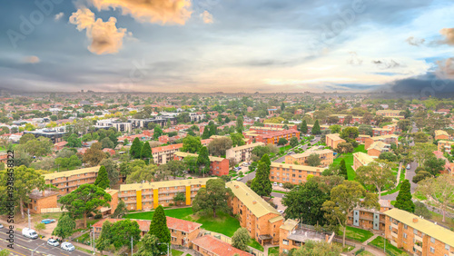 Panoramic Aerial Drone view of Inner Suburbs of Melbourne housing, roof tops, the streets and the parks, the roads and trees of Ascot Vale Moonee Ponds Brunswick Essendon and Maribyrnong in VIC Victor