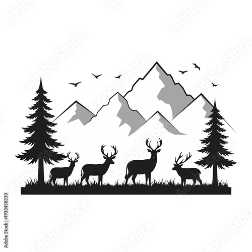 Mountain Wilderness Silhouette: A striking black and white silhouette presents a tranquil wilderness scene with majestic mountains, evergreen trees, and graceful deer.