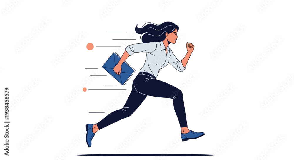 Fototapeta premium Energetic woman in professional office attire running extremely fast while holding a blue envelope for an urgent mail delivery.