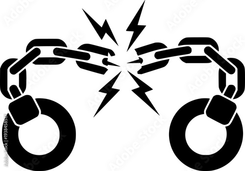 Black broken chain with lightning bolts white background symbolizing freedom and power