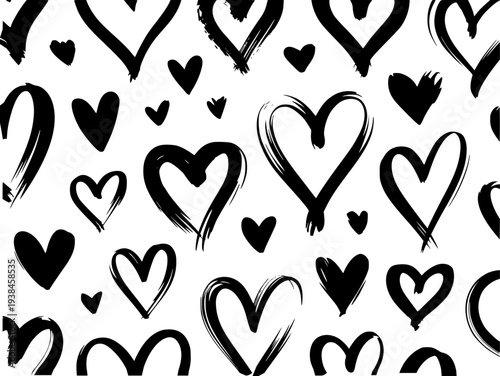 Black hand drawn hearts pattern white background romantic love symbol