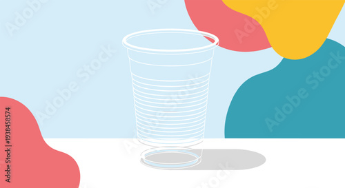 Single transparent empty plastic cup for cold beverages placed against a colorful abstract background with red and blue shapes.