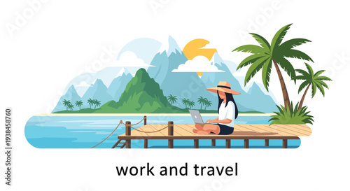 Professional freelance woman working on her laptop while sitting on a wooden pier with a tropical beach and mountains in distance.