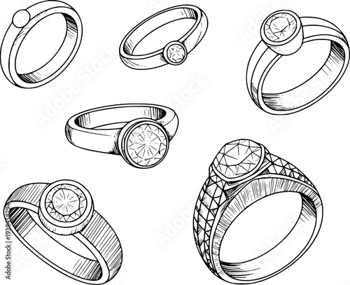 Collection of hand drawn diamond rings with various settings and band white background