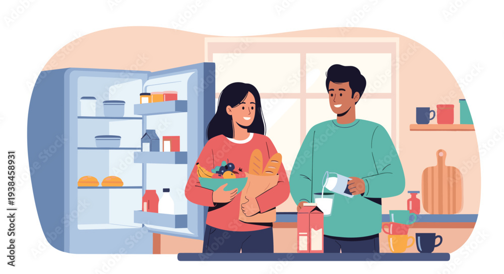 Fototapeta premium Happy young couple preparing a healthy breakfast or a snack in their modern kitchen with an open refrigerator full of fresh food.