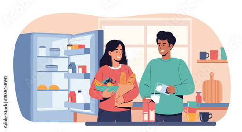 Happy young couple preparing a healthy breakfast or a snack in their modern kitchen with an open refrigerator full of fresh food.