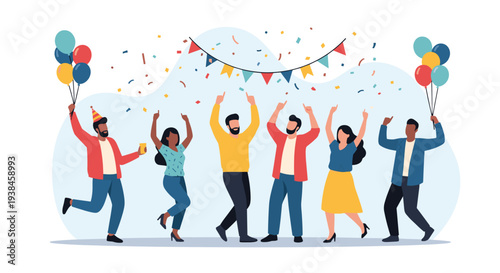 Diverse group of happy people dancing and celebrating at a festive party with colorful balloons, confetti, and decorations.