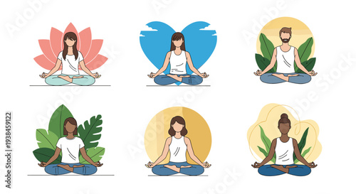 Large set of diverse people practicing meditation and yoga in lotus positions against various nature-themed backgrounds.