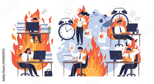 Various scenes showing office employees struggling with extreme work pressure, tight deadlines, and professional burnout.
