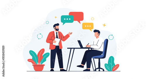 Professional manager in a red jacket giving helpful instructions and feedback to a colleague working at a laptop in an office.