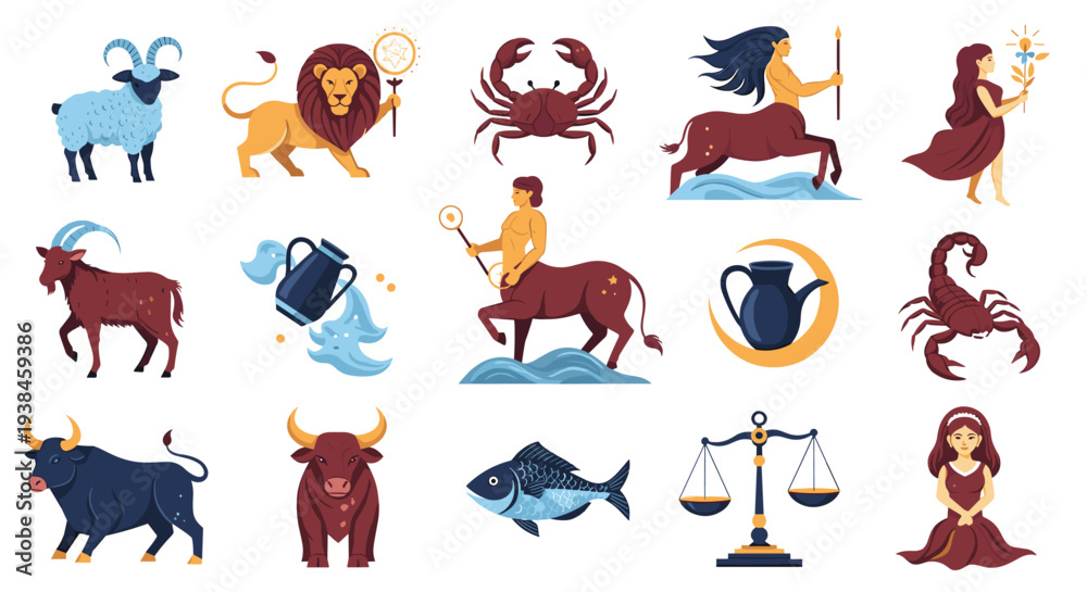 Obraz premium Complete set of twelve flat vector zodiac sign icons including aries, taurus, gemini, cancer, leo, and other symbols.