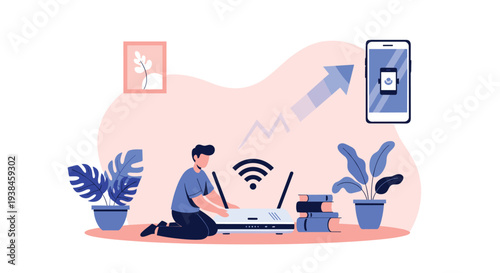 Professional man setting up a modern Wi-Fi router on the floor to significantly increase signal strength and internet connectivity.