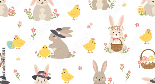 Colorful Easter seamless pattern featuring cute cartoon bunnies, yellow chicks, floral baskets, and decorated eggs.