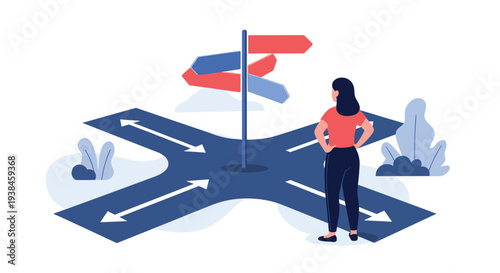 Young woman standing at a crossroads making a life decision while looking at a multi-directional arrow signpost.
