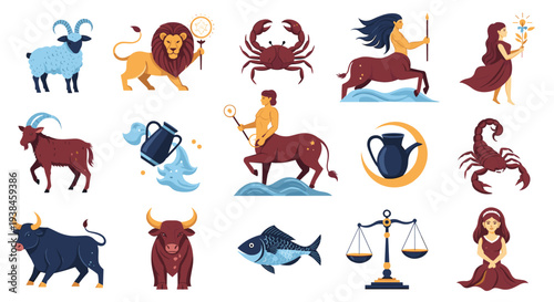 Complete set of twelve flat vector zodiac sign icons including aries, taurus, gemini, cancer, leo, and other symbols.