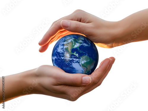 Two caring hands gently cradle and protect a small, vibrant globe of Earth, symbolizing environmental conservation, sustainability, and global stewardship for a better future on transparent background