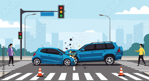 Severe traffic collision between two blue cars at a busy city intersection with pedestrians and working traffic lights.