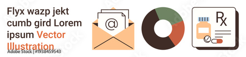 Communication, finance, healthcare, data , modern business, online services. Envelope with email icon, pie chart prescription form with medicine. Communication and finance concepts