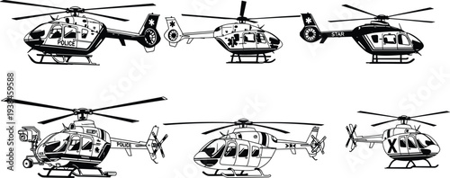 Collection of detailed helicopter vector silhouettes including police, rescue, and patrol aircraft isolated on white background, aviation emergency transport illustration set for design