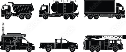 Heavy duty truck silhouette set including dump truck, tanker truck, cargo box truck, utility service van, pickup truck and ladder fire engine isolated vector collection