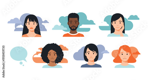 Group of diverse people showing different emotions from sadness to happiness with symbolic clouds in the background.