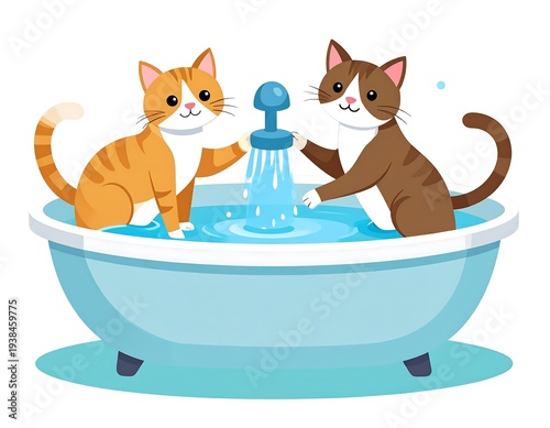 Two cartoon cats in a light blue bathtub, one brown and white, one orange and white, playing with running tap water