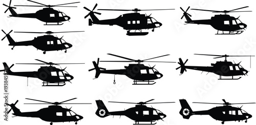 Helicopter silhouette collection featuring multiple military and transport rotorcraft models, aviation aircraft vector set isolated on white background for design and aerospace themes