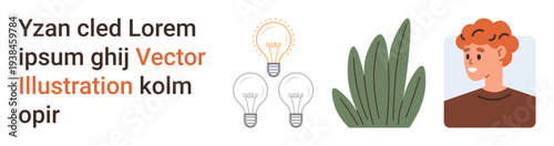 Creativity, innovation, nature, inspiration, personal growth, eco-friendly . One person with red hair, three light bulbs and a plant. Creativity and innovation concept