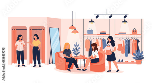 Diverse group of women shopping for clothes in a boutique featuring a dressing room, mirrors, and fashion racks.