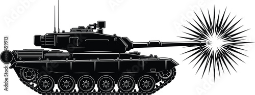 Military battle tank firing cannon shot, armored combat vehicle silhouette with muzzle flash isolated on white background, modern army warfare equipment illustration