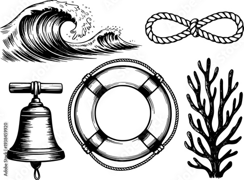 Vintage nautical including crashing waves a bell a life preserver coral and a rope knot