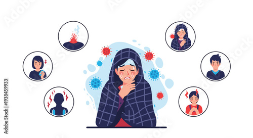 Sick woman wrapped in a blanket suffering from flu or cold symptoms with virus icons and related medical issues.
