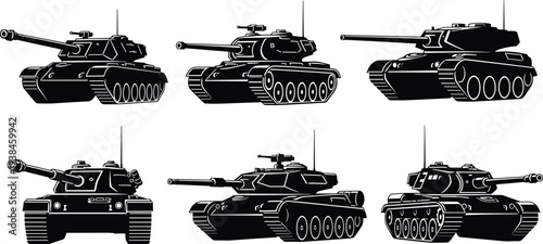 Military battle tank silhouettes collection isolated on white background, armored combat vehicle set showing different perspectives, turret cannons and tracked army vehicles illustration