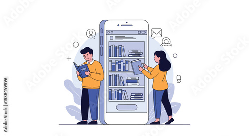 Man and woman using a large smartphone as a digital library to find and read books in a modern online education concept.