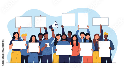 Diverse group of protesters holding blank white signs and a megaphone while participating in a peaceful public demonstration.