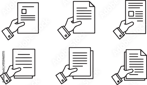 Thin Outline Icon Sheet of Paper or Document in a Person's Hand. Such Line sign as Request, Submission of Documents. Vector Computer Isolated Pictograms for Web on White Background Editable Stroke.