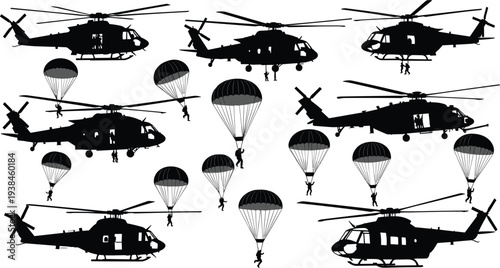 Military helicopter and paratrooper parachute silhouettes collection, airborne soldiers jumping from aircraft, army air assault transport vector illustration isolated on white background