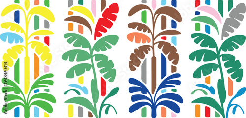 colorful tropical plants with leaves and abstract geometric patterns
