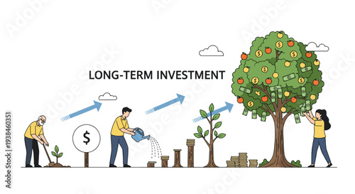 Concept of long-term investment growth showing people planting, watering, and harvesting money from a large fruit tree.