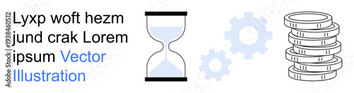Time management, workflow optimization, financial strategy, productivity tools, resource allocation, decision-making. Hourglass, gear icons stacked coins. Time management and workflow optimization