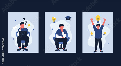 Three stages of a man generating new ideas from confusion to thinking and finally achieving a bright light bulb success.