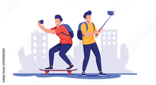 Two young men enjoy taking selfies in the city while one is on a skateboard and the other uses a mobile phone stick.