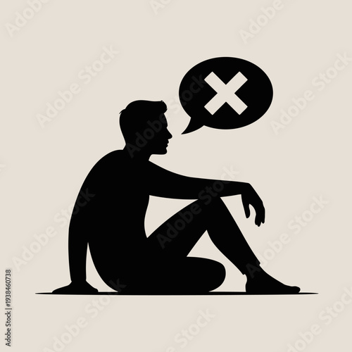 A silhouette of a man sitting with a speech bubble containing an X