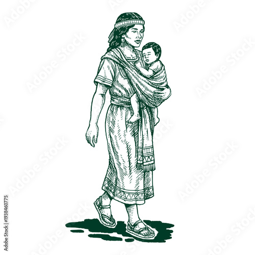 Native American Mother Carrying Baby Traditional Parenting Vector Illustration