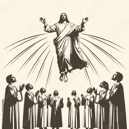 Illustration of the Ascension of Jesus Christ with Disciples
