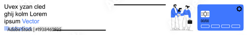 Digital identity, credit security, online payment, authentication processes, secure transactions, fintech innovation. Two people discussing, with a credit card and settings icon. Digital identity