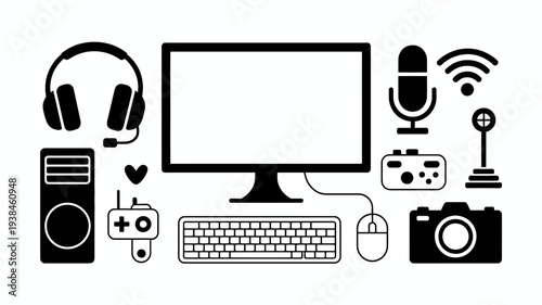 A collection of modern technology and media devices on a white background