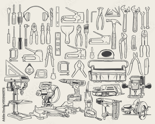 Collection of hand tools and workshop equipment drawn in clean black and white line art. The artwork features screwdrivers, hammers, pliers, clamps, drills, measuring tools, and toolbox elements, suit
