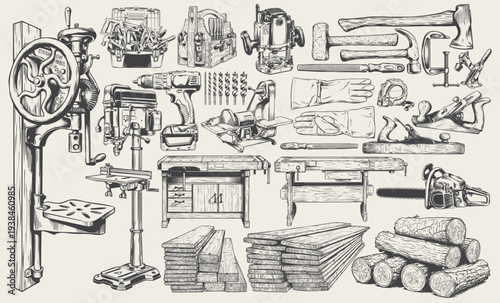 Hand drawn woodworking machines, carpentry tools, and lumber materials illustrated in detailed black and white line art. The artwork includes drill presses, routers, hand tools, workbenches, and stack