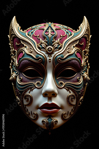 An elaborate Venetian-style mask featuring intricate gold filigree and swirls. The mask has pink and teal accents with a white face and red lips against a black background.